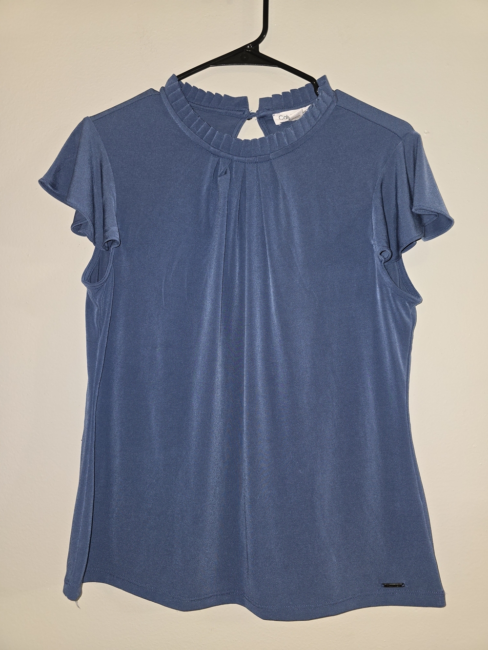 Calvin Klein Slate Blue Pleated Ruffle Neck Flutter Sleeve Top